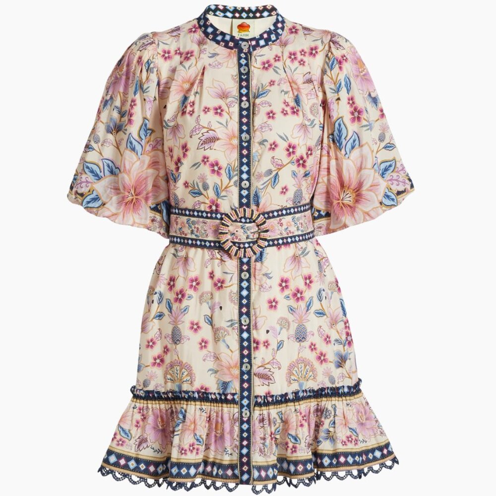 Farm Rio  Superbloom Belted Puff Sleeve Minidress
